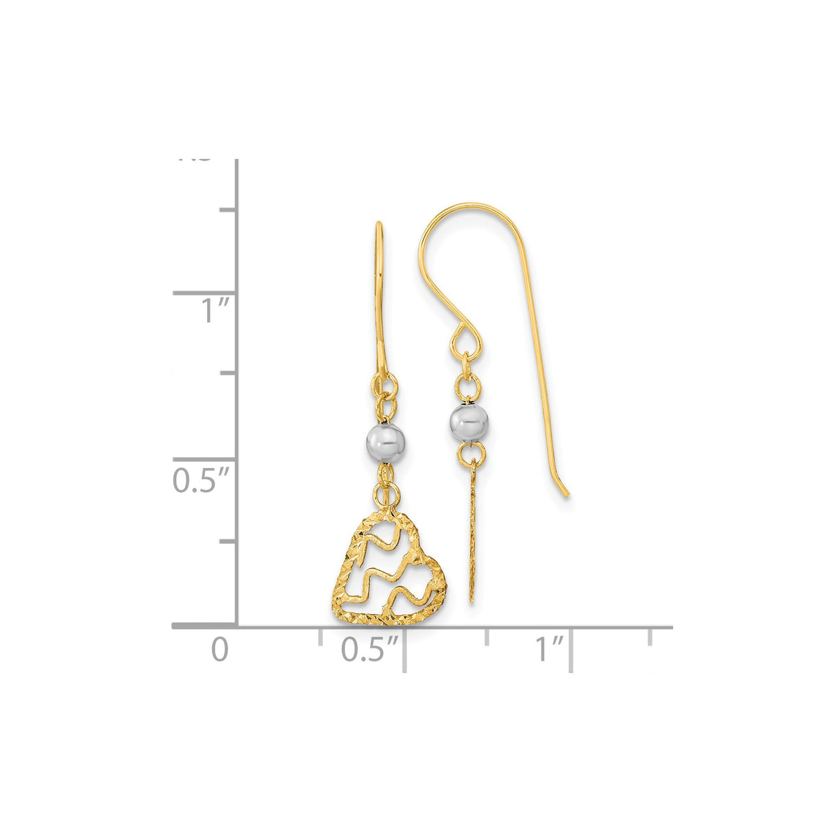 14k Two-Tone Gold Dangle Earrings with Textured Open Heart and White Gold Bead Design