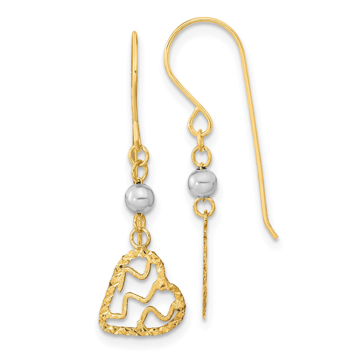 14k Two-Tone Gold Dangle Earrings with Textured Open Heart and White Gold Bead Design