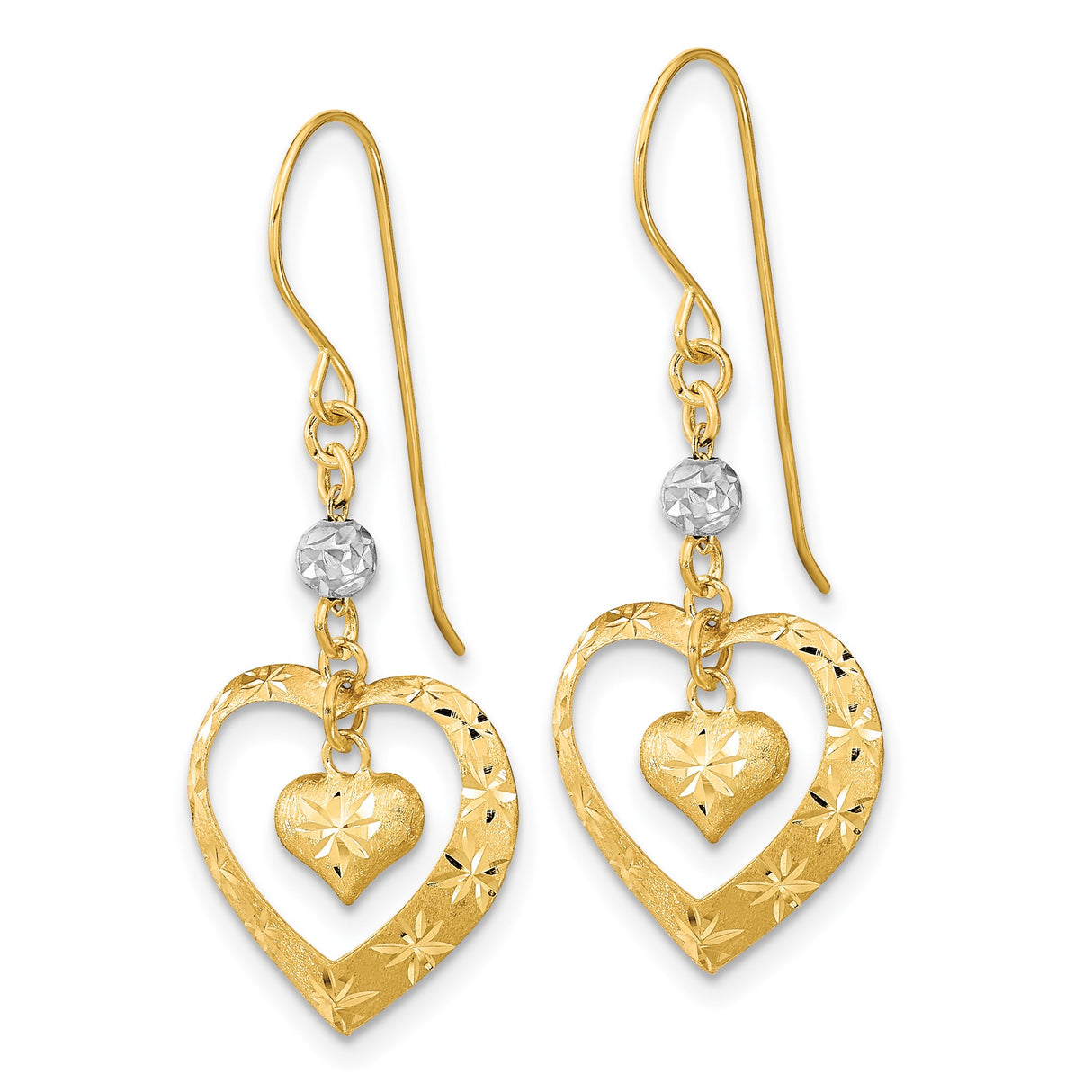 14k Yellow Gold Dangle Earrings with Diamond-Cut Open Heart and Small Heart Charm