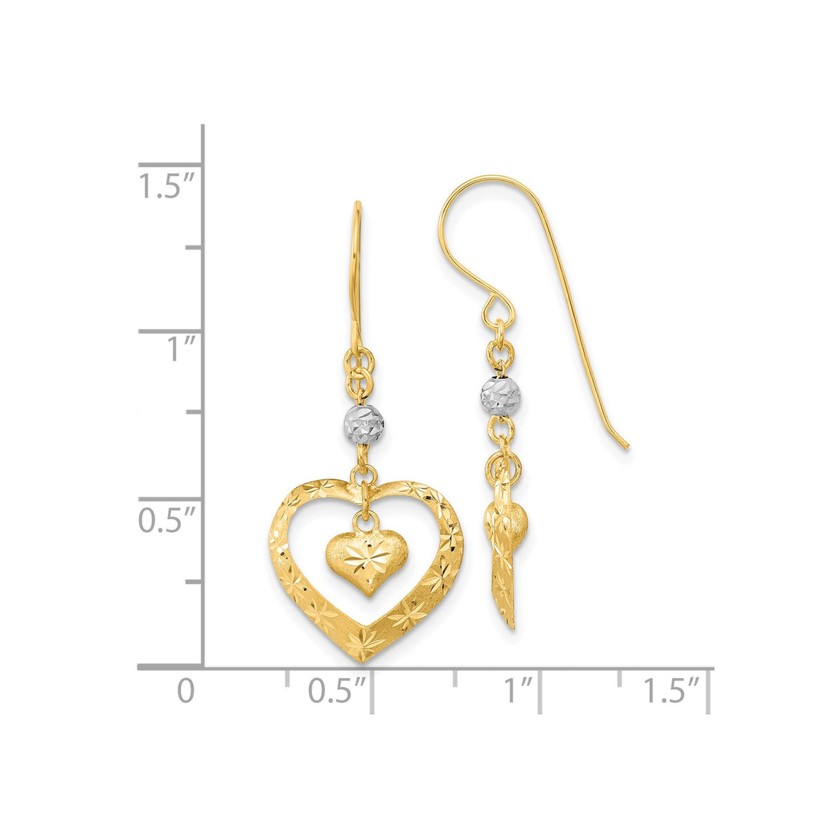 14k Yellow Gold Dangle Earrings with Diamond-Cut Open Heart and Small Heart Charm