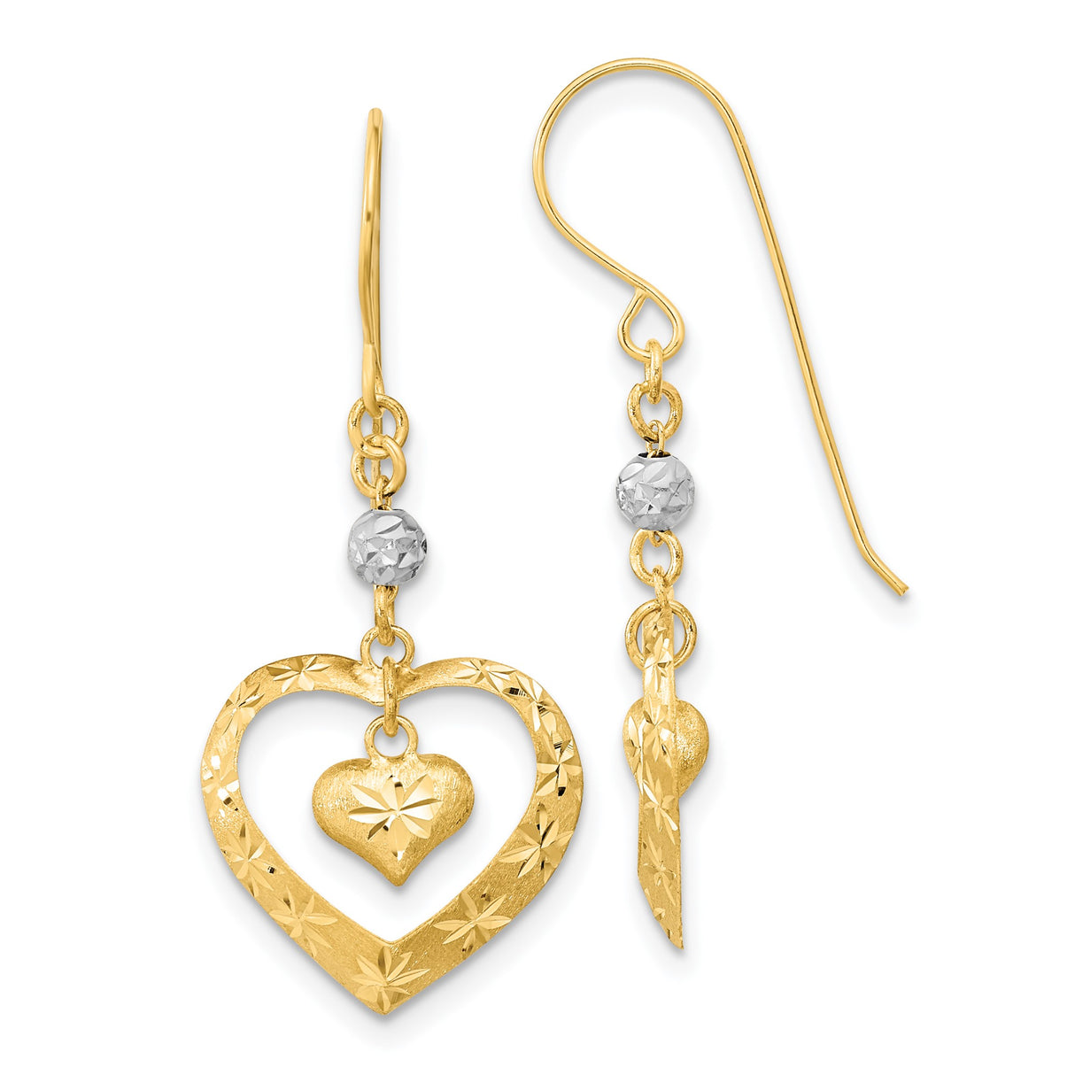 14k Yellow Gold Dangle Earrings with Diamond-Cut Open Heart and Small Heart Charm
