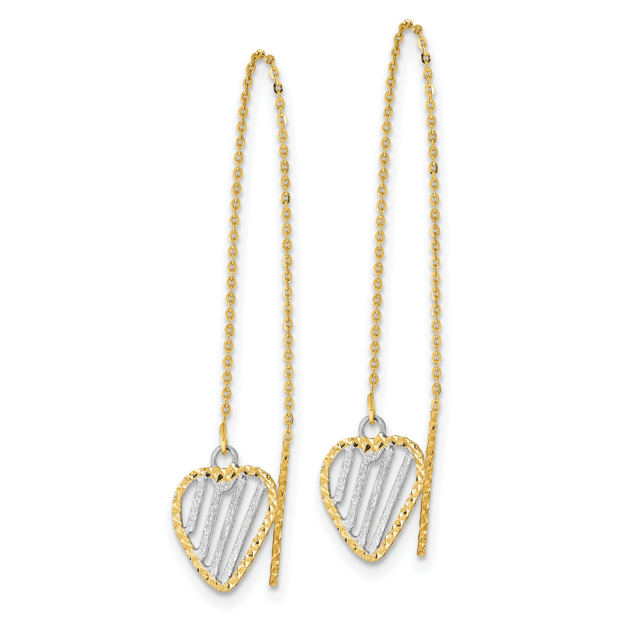 14k Yellow Gold Threader Earrings, Two-Tone Open Heart Design with Rhodium Accents