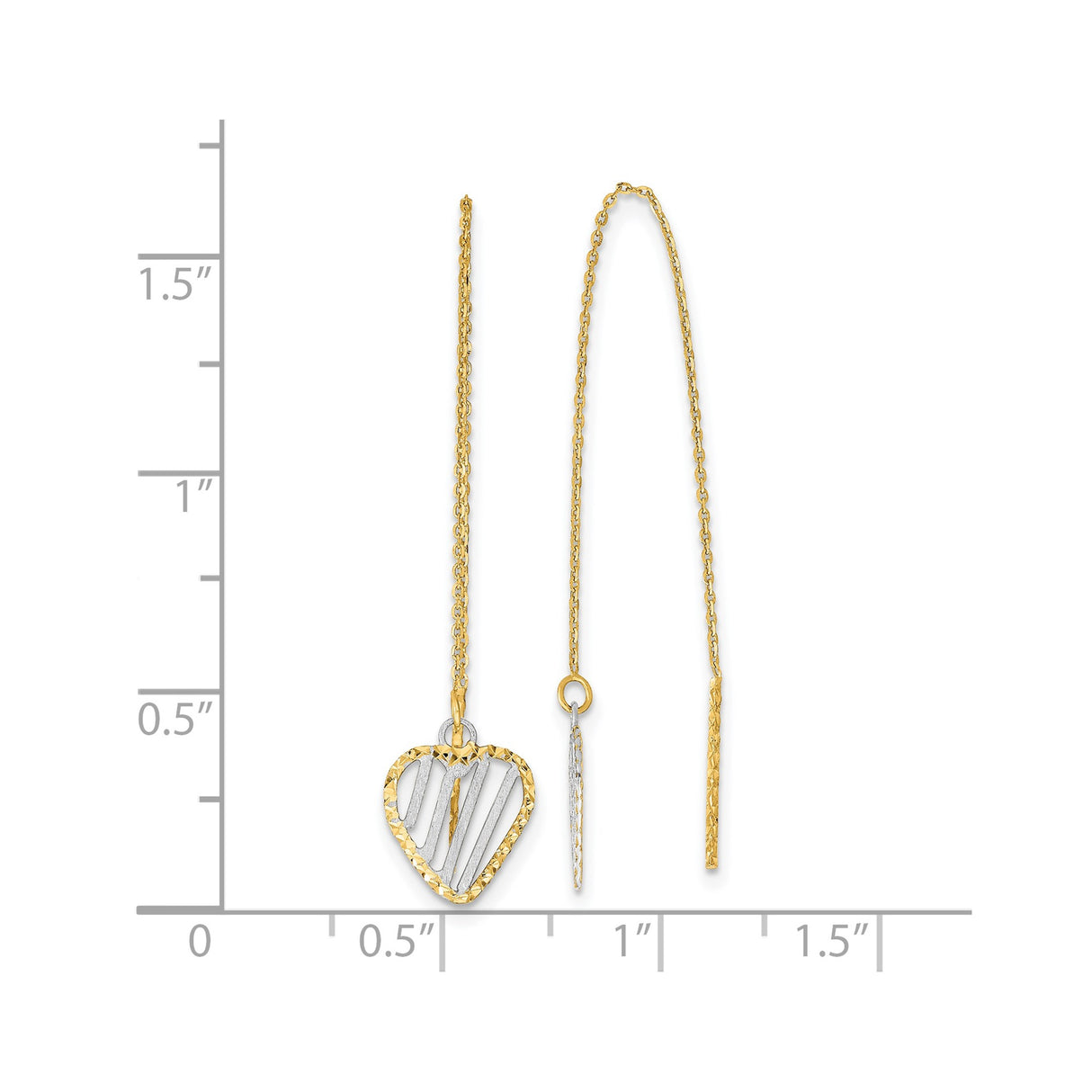 14k Yellow Gold Threader Earrings, Two-Tone Open Heart Design with Rhodium Accents