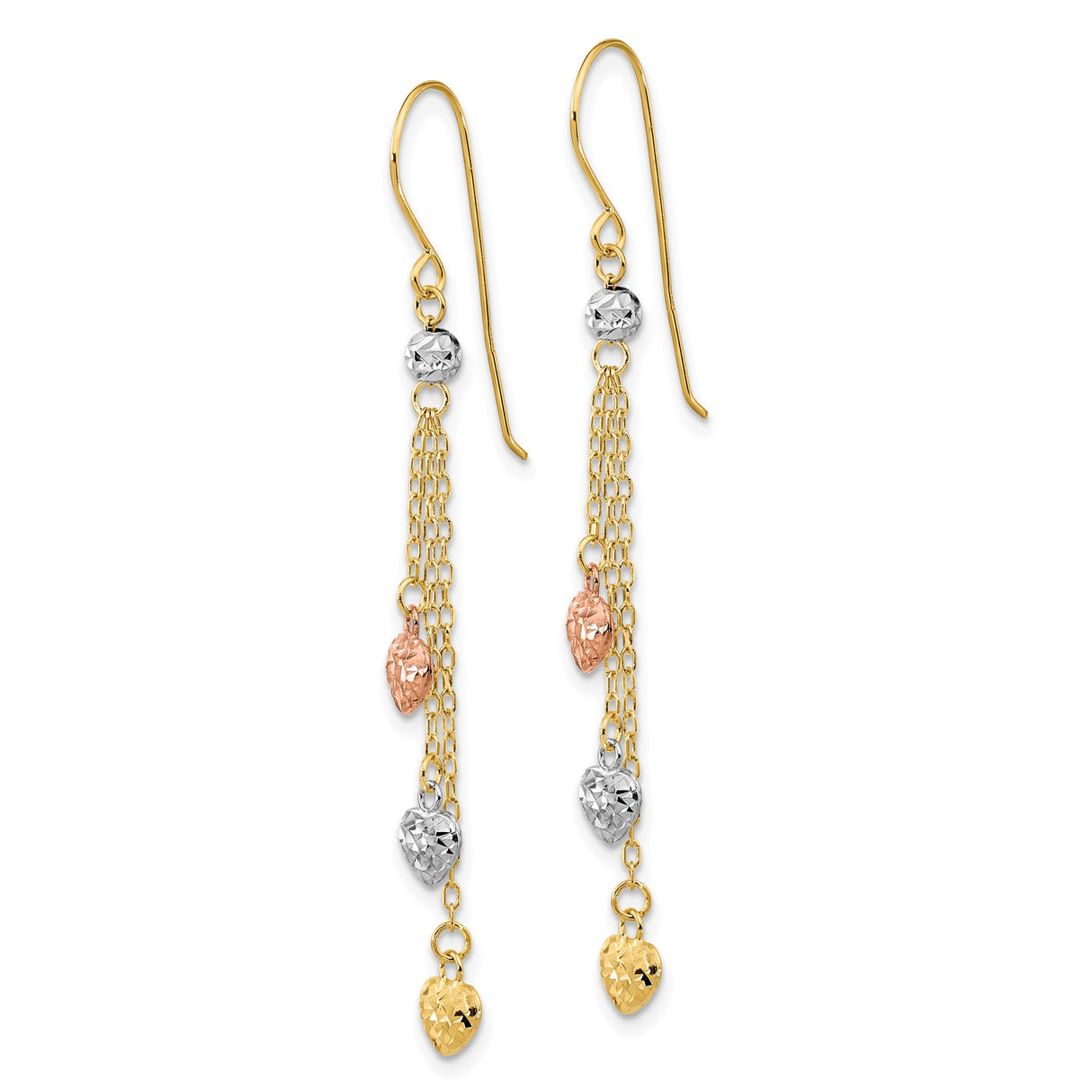 14k Yellow Gold Dangle Earrings with Tri-Color Textured Heart Charms, Cascading Drop Design
