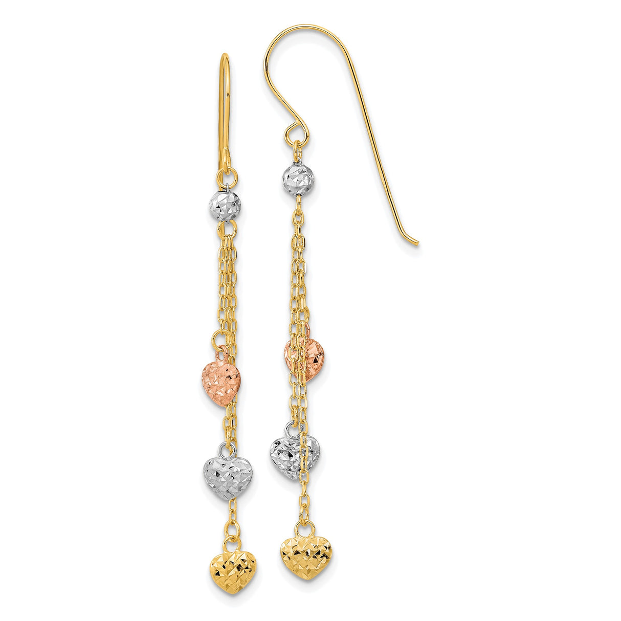 14k Yellow Gold Dangle Earrings with Tri-Color Textured Heart Charms, Cascading Drop Design