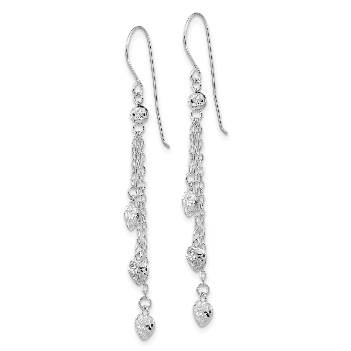 14k White Gold Dangle Earrings with Textured Heart Charms on Fine Chains for Women