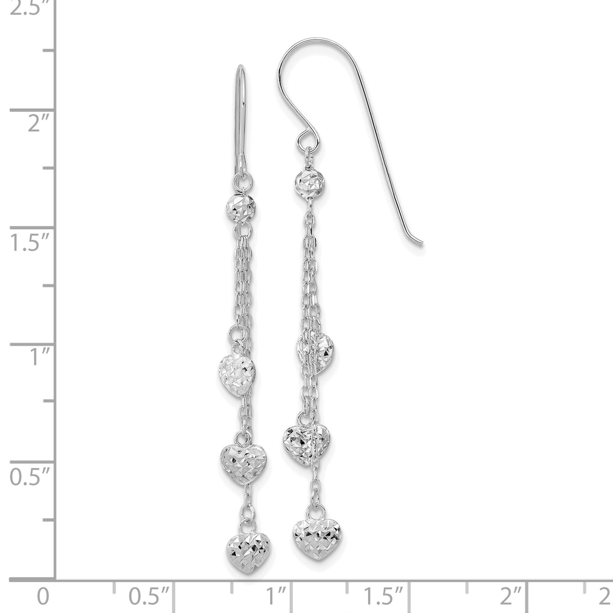 14k White Gold Dangle Earrings with Textured Heart Charms on Fine Chains for Women