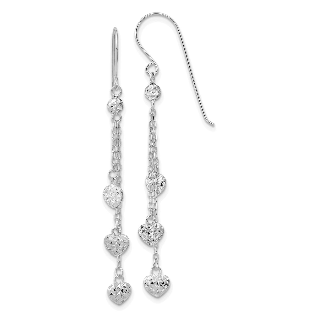 14k White Gold Dangle Earrings with Textured Heart Charms on Fine Chains for Women