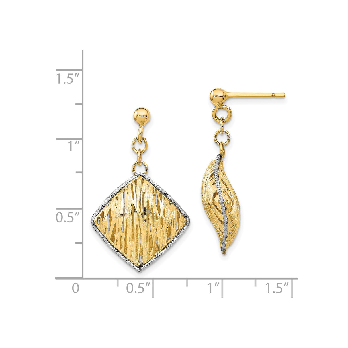 14k Yellow Gold Dangle Earrings, Diamond-Cut Geometric Two-Tone Design for Women