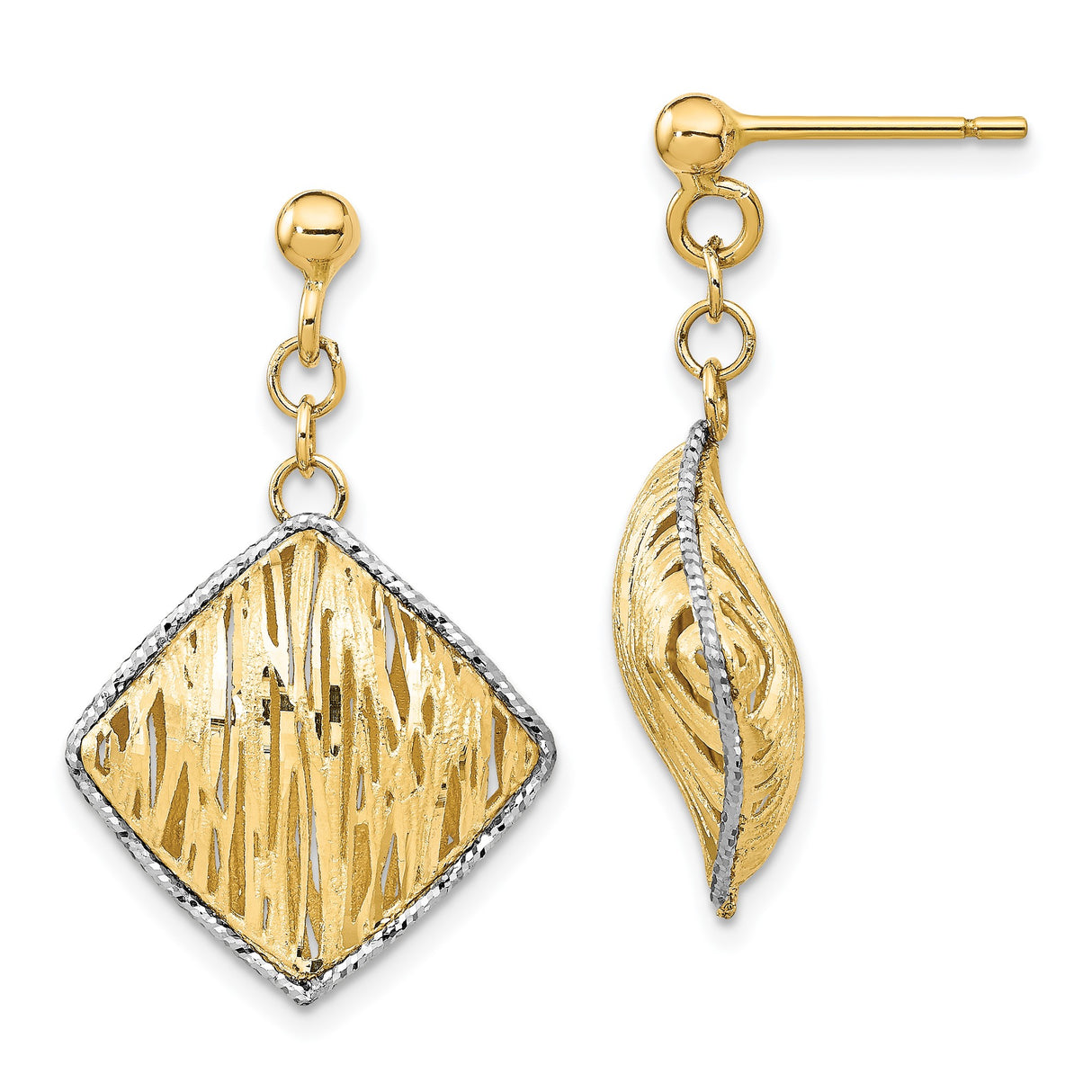 14k Yellow Gold Dangle Earrings, Diamond-Cut Geometric Two-Tone Design for Women