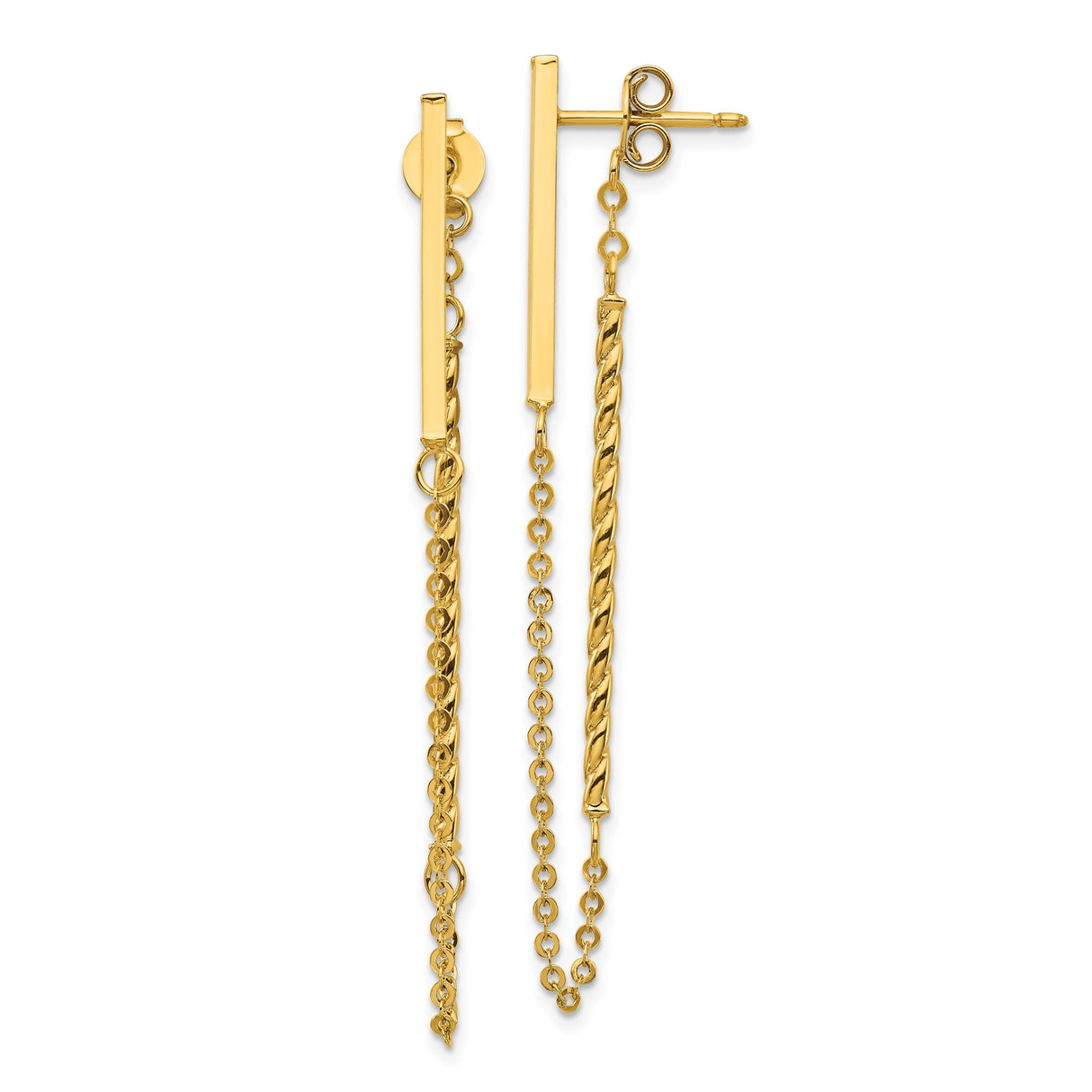 14k Yellow Gold Drop Earrings with Dual Chain Strands, Twisted Rope and Bar Design