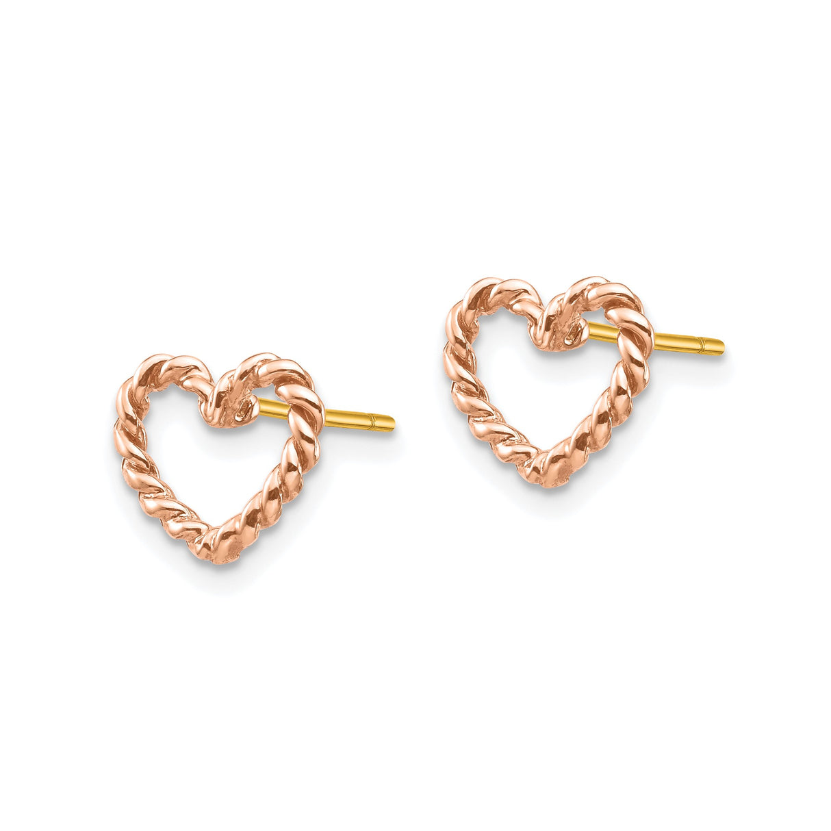 14k Rose Gold Heart Stud Earrings with Twisted Rope Design, Minimalist Style for Women