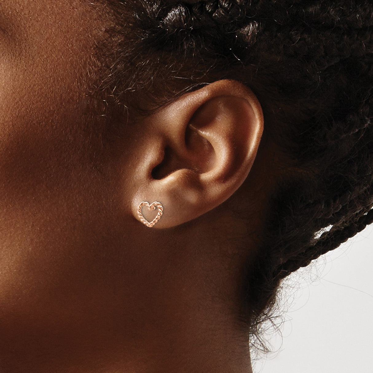 14k Rose Gold Heart Stud Earrings with Twisted Rope Design, Minimalist Style for Women