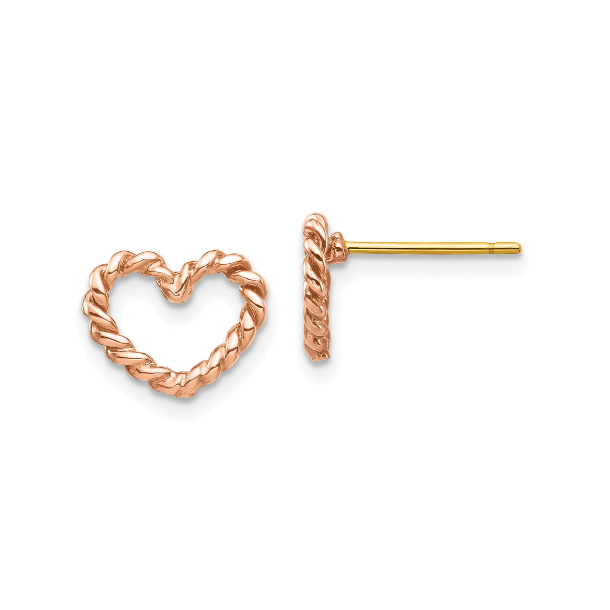 14k Rose Gold Heart Stud Earrings with Twisted Rope Design, Minimalist Style for Women
