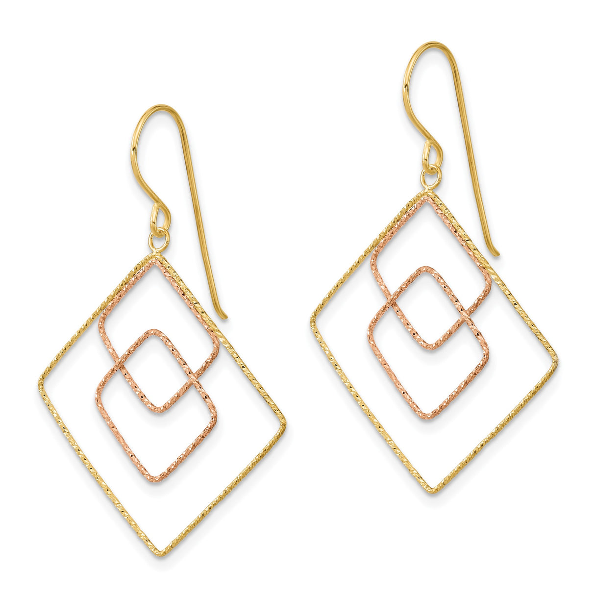 14k Yellow Gold Dangle Earrings with Interlocking Diamond-Shaped Frames in Two-Tone Design