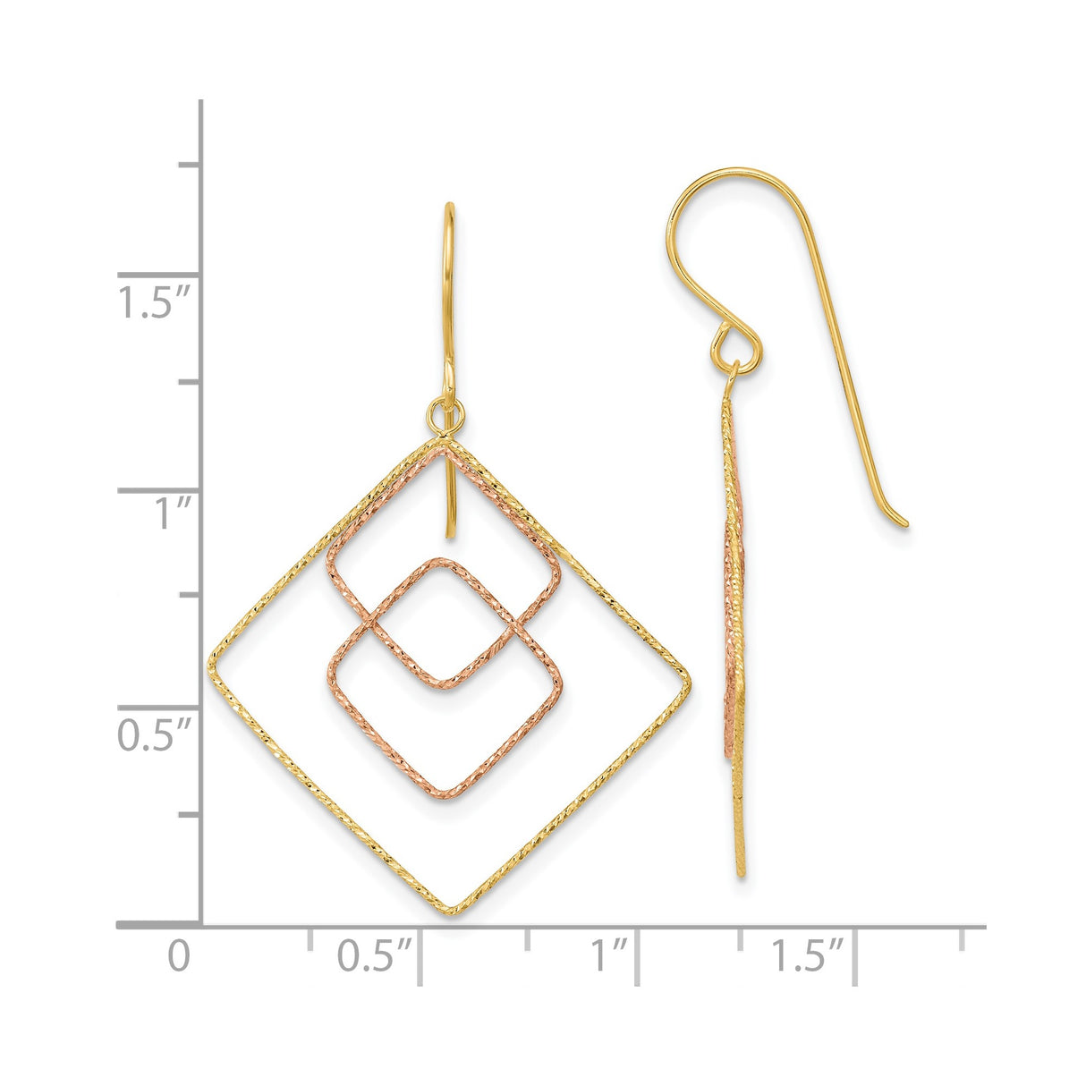 14k Yellow Gold Dangle Earrings with Interlocking Diamond-Shaped Frames in Two-Tone Design