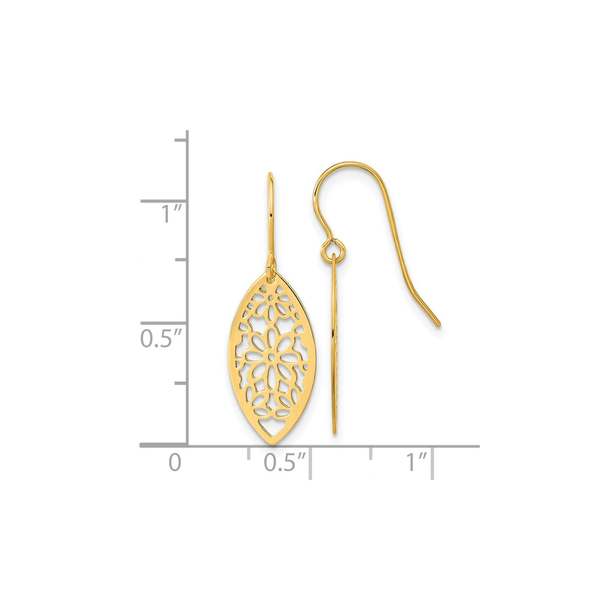 14k Yellow Gold Marquise Floral Dangle Earrings with Openwork Cutout Design
