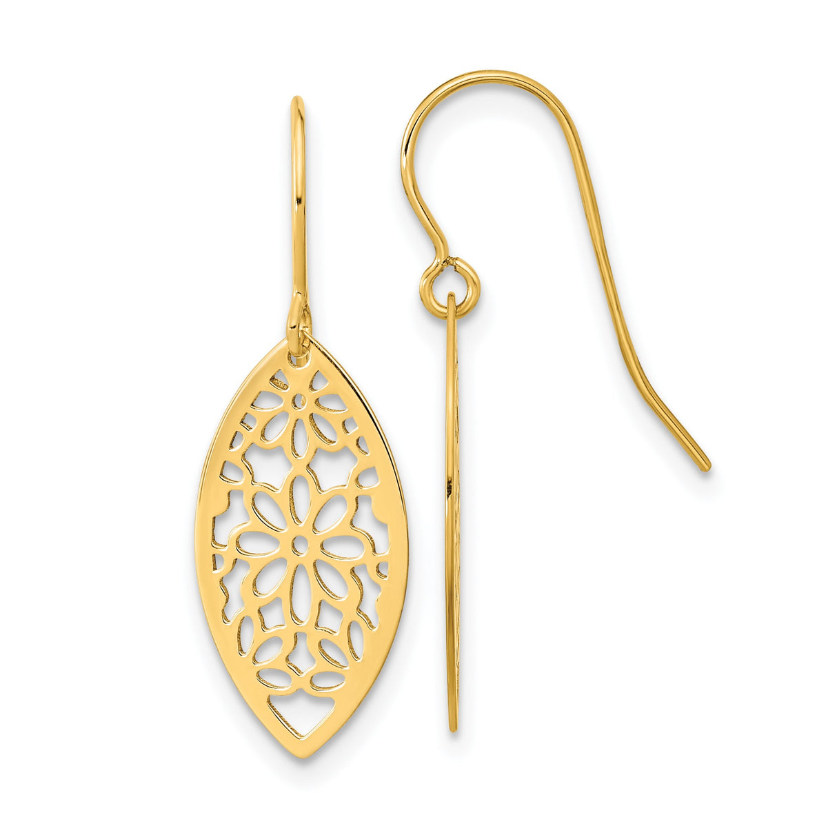 14k Yellow Gold Marquise Floral Dangle Earrings with Openwork Cutout Design