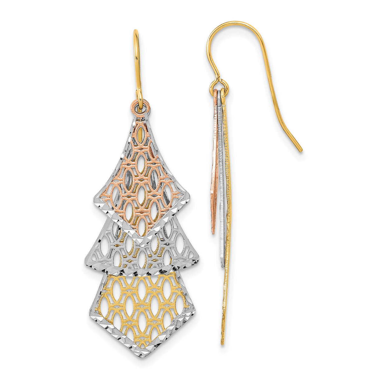 14k Tri-Color Gold Dangle Earrings, Layered Diamond Shape Filigree Design for Women