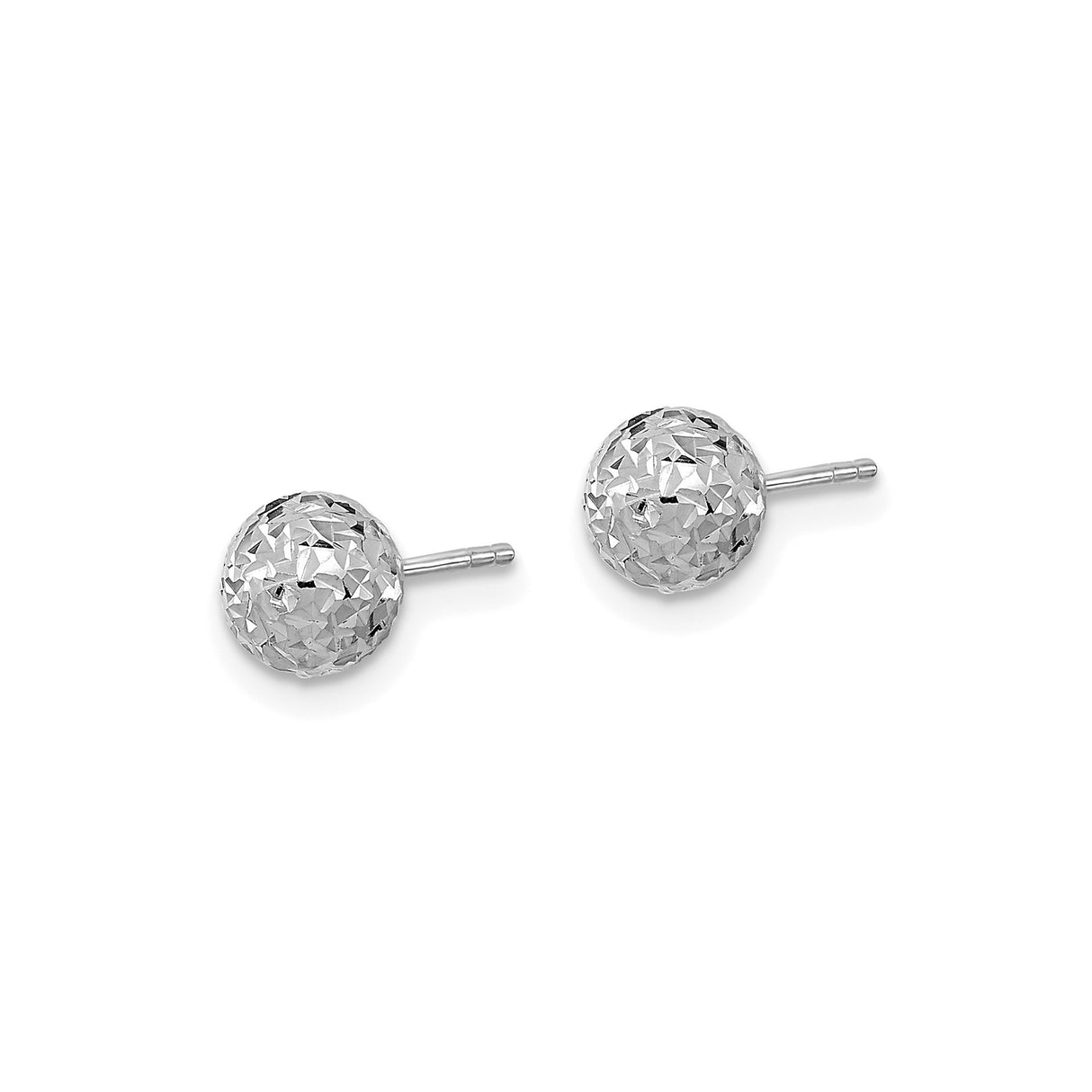 14k White Gold Ball Stud Earrings, Faceted Diamond-Cut Round Design, Polished Finish