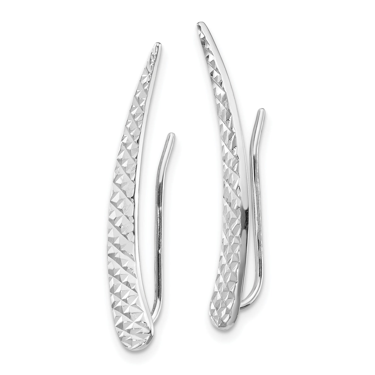 14k White Gold Ear Climber Earrings, Curved Diamond Cut Textured Design, Minimalist Fashion Jewelry
