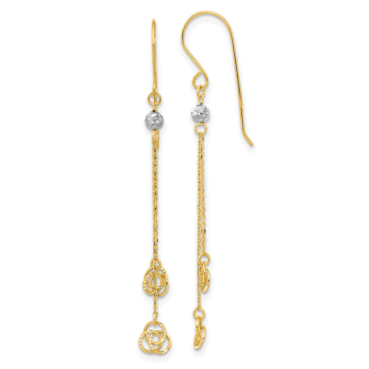 14k Two-Tone Gold Dangle Earrings with Interlocking Open Circles and White Gold Bead Accents