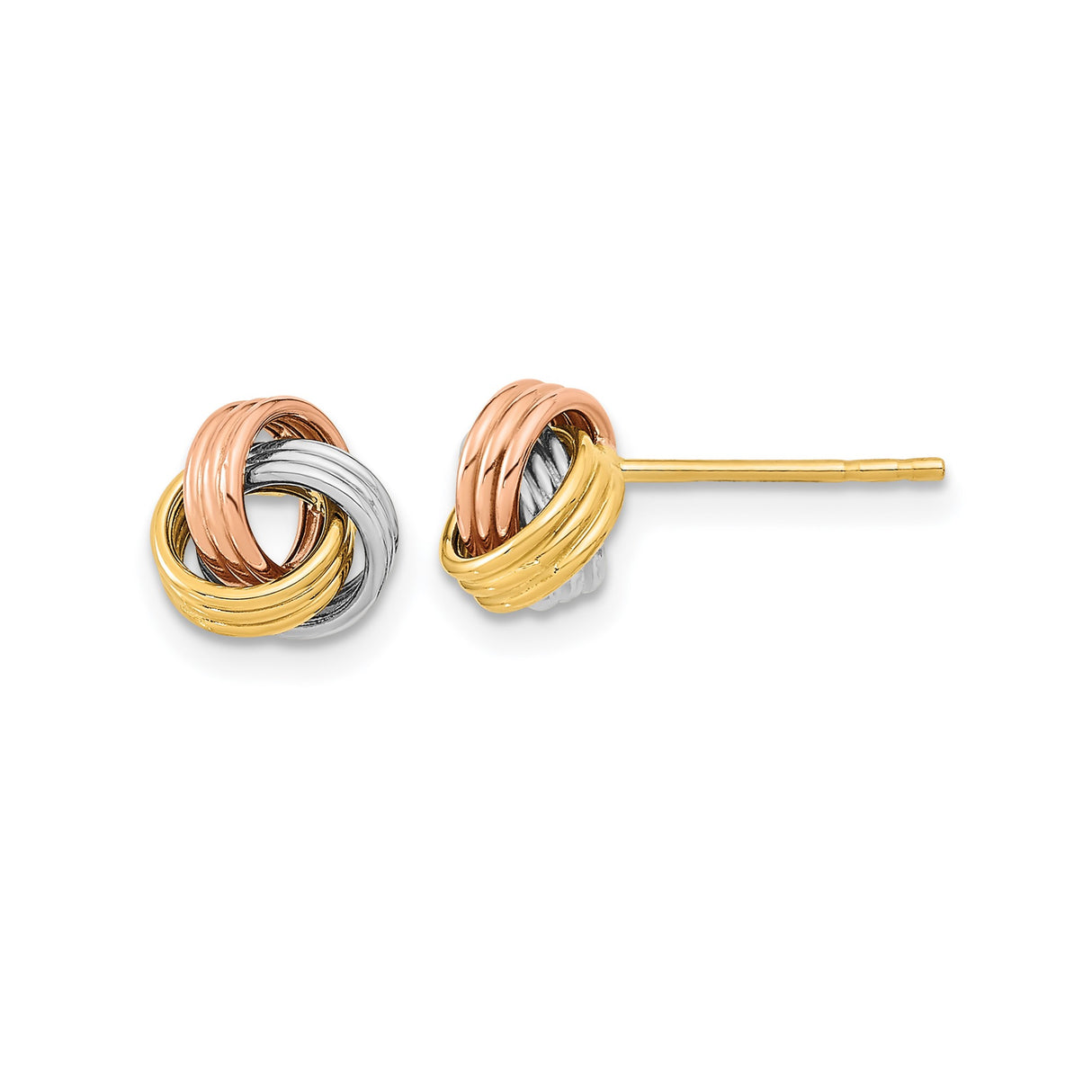 14k Yellow, White, and Rose Gold Love Knot Stud Earrings, Tricolor Knot Design for Women