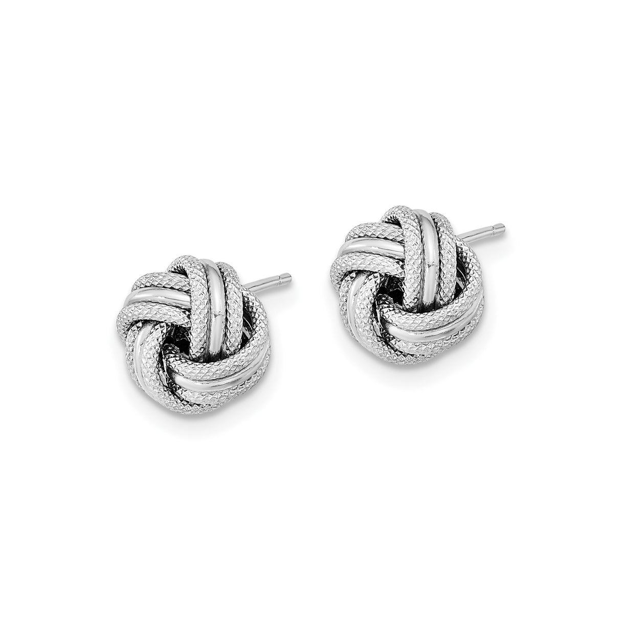 14k White Gold Love Knot Stud Earrings, Textured and Polished Woven Design for Women