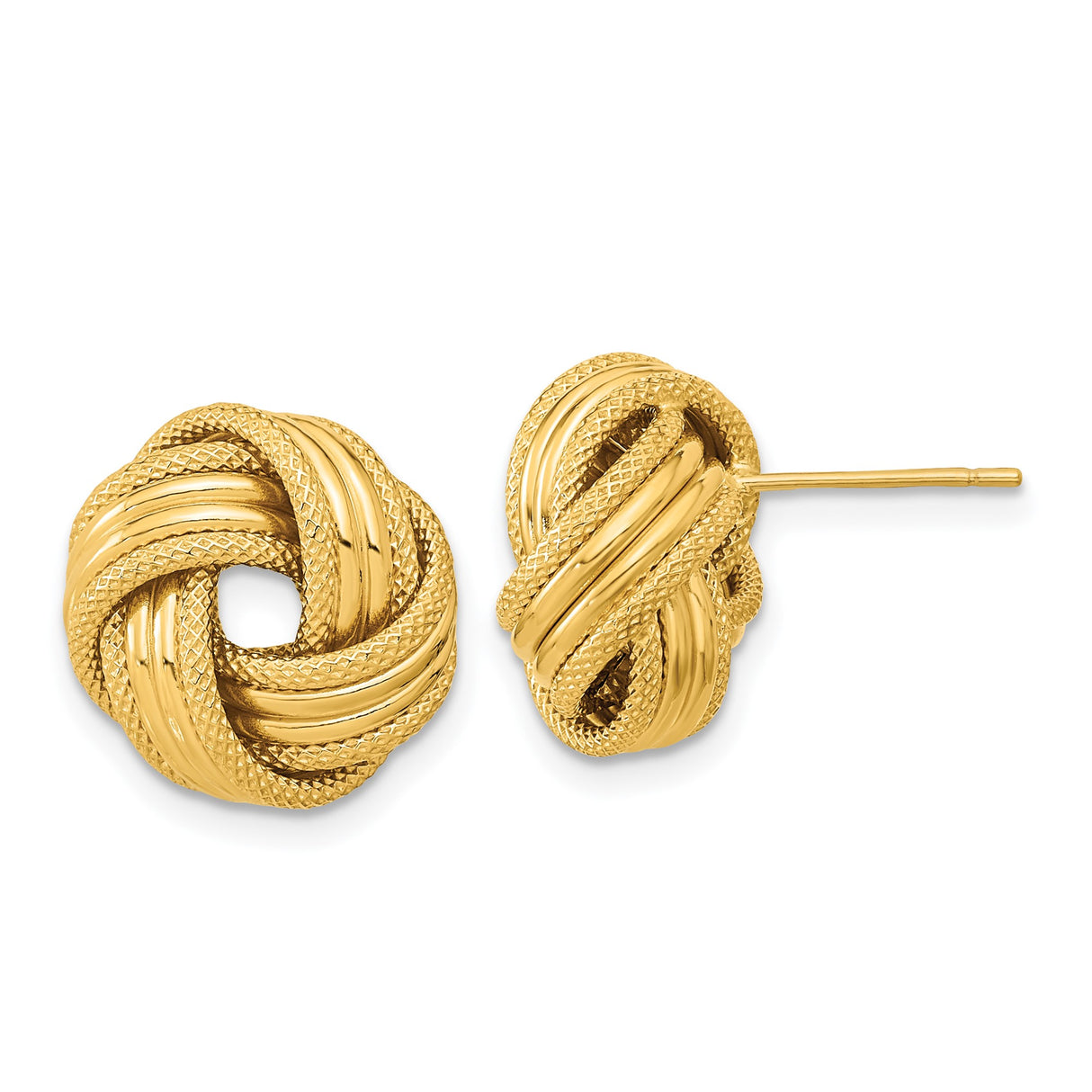 14k Yellow Gold Love Knot Stud Earrings, Twisted Polished and Textured Design for Women