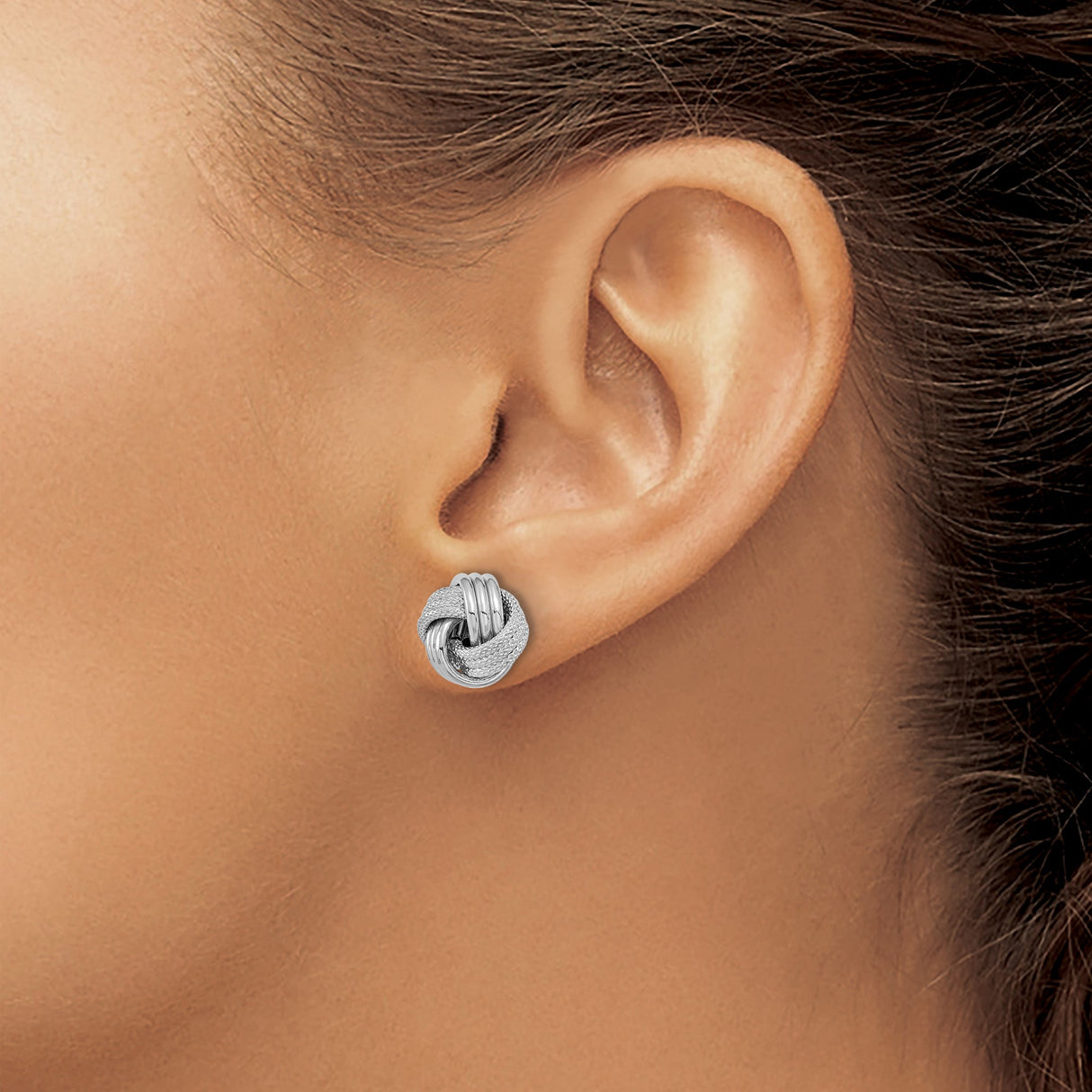 14k White Gold Love Knot Stud Earrings with Textured and Polished Finish for Women