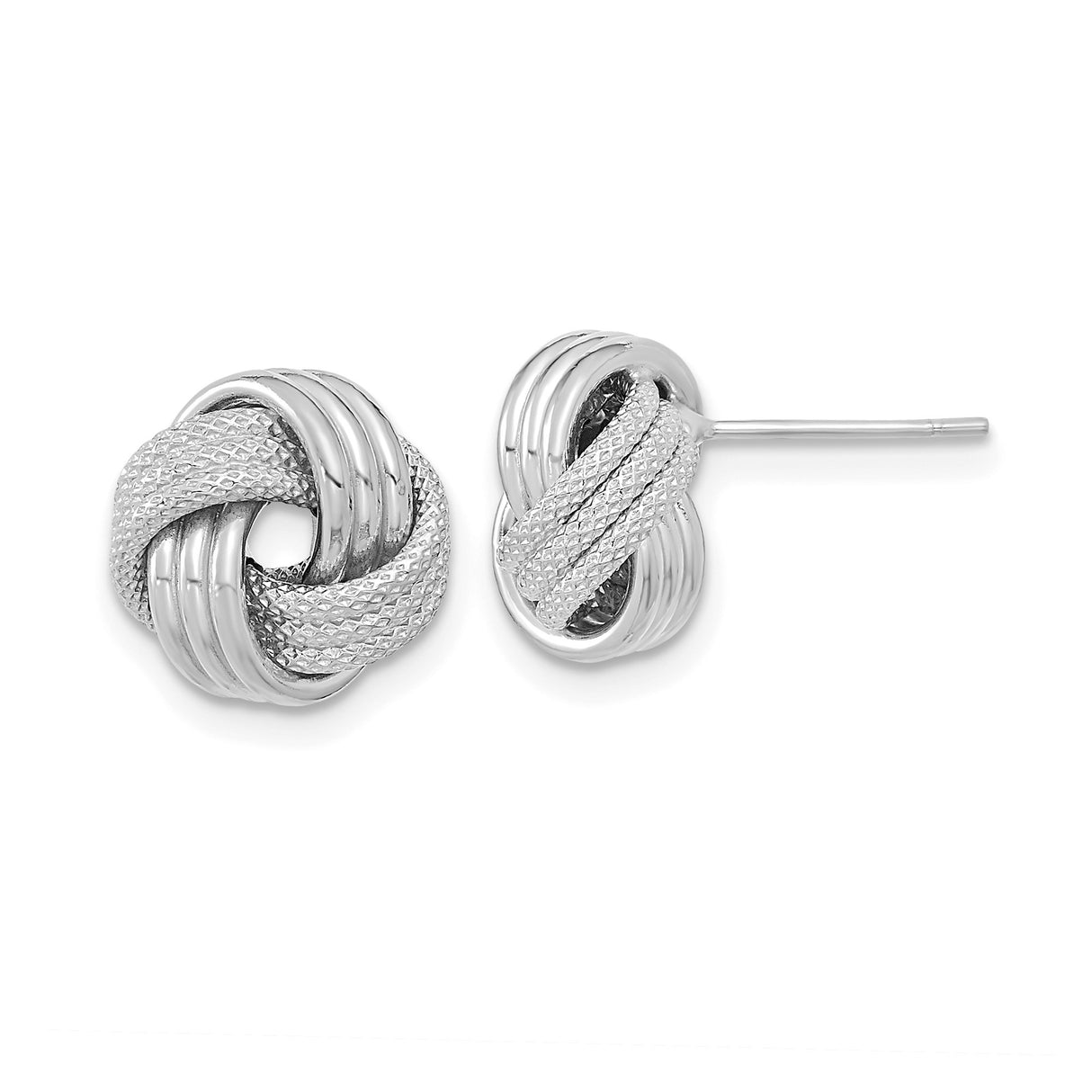 14k White Gold Love Knot Stud Earrings with Textured and Polished Finish for Women