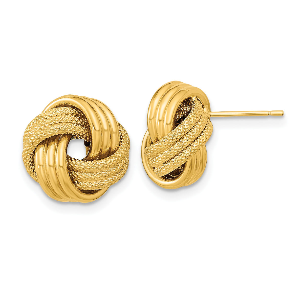 14k Yellow Gold Love Knot Stud Earrings with Textured and Polished Finish for Women