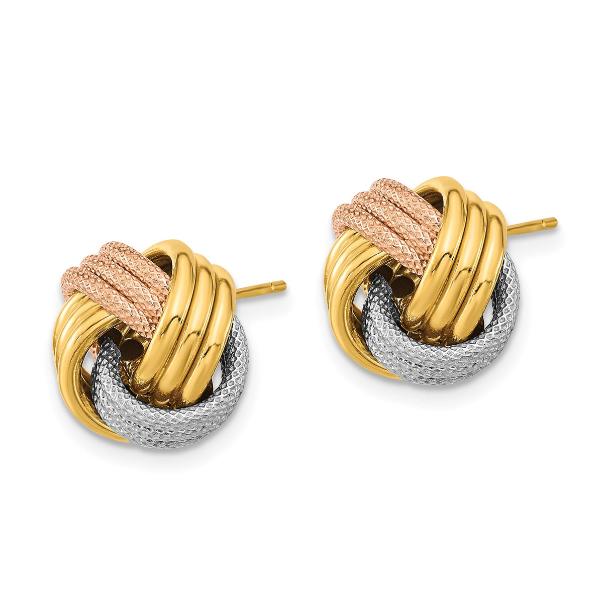 14k Tri Color Gold Love Knot Stud Earrings with Woven Design for Women