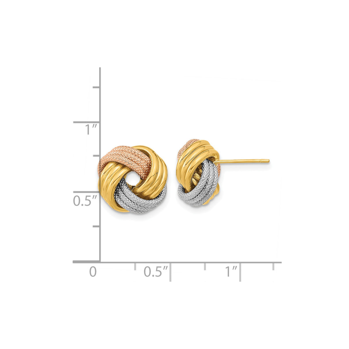 14k Tri Color Gold Love Knot Stud Earrings with Woven Design for Women