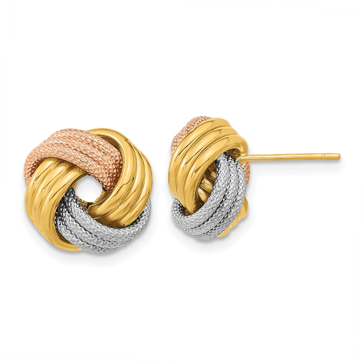 14k Tri Color Gold Love Knot Stud Earrings with Woven Design for Women