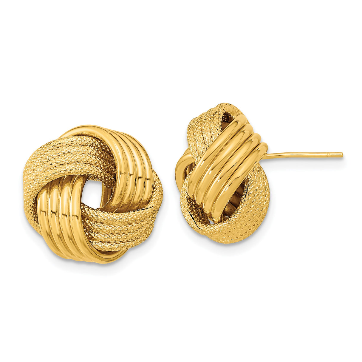 14k Yellow Gold Love Knot Stud Earrings with Textured and Polished Finish