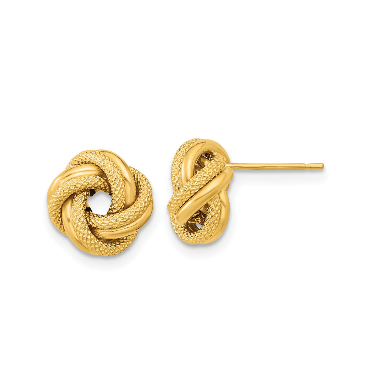 14k Yellow Gold Love Knot Stud Earrings with Polished Textured Intertwined Design