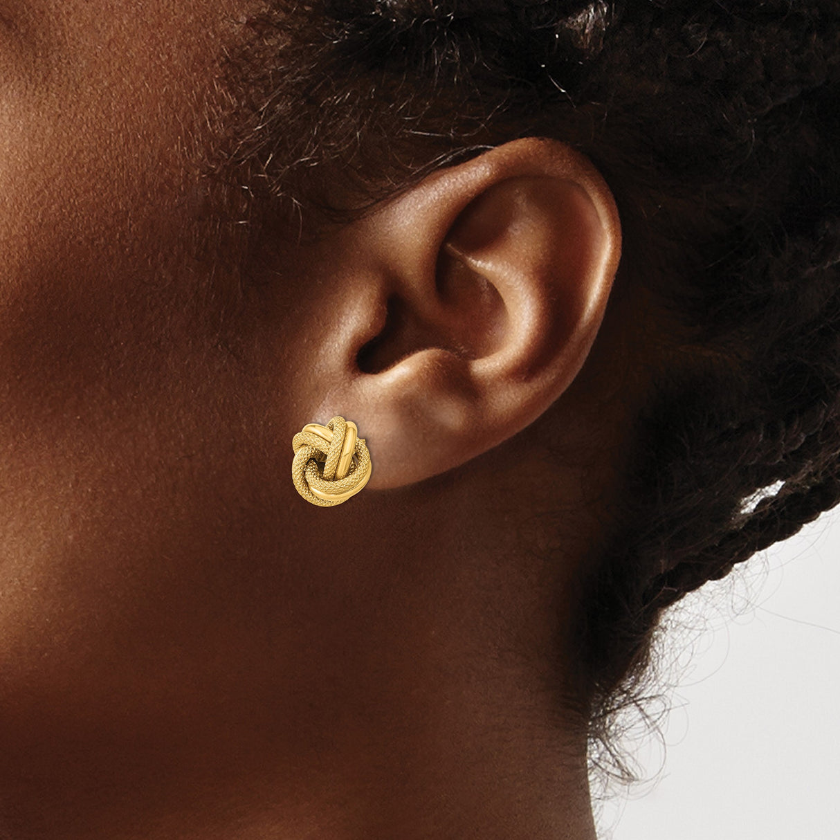 14k Yellow Gold Love Knot Stud Earrings with Polished Textured Finish