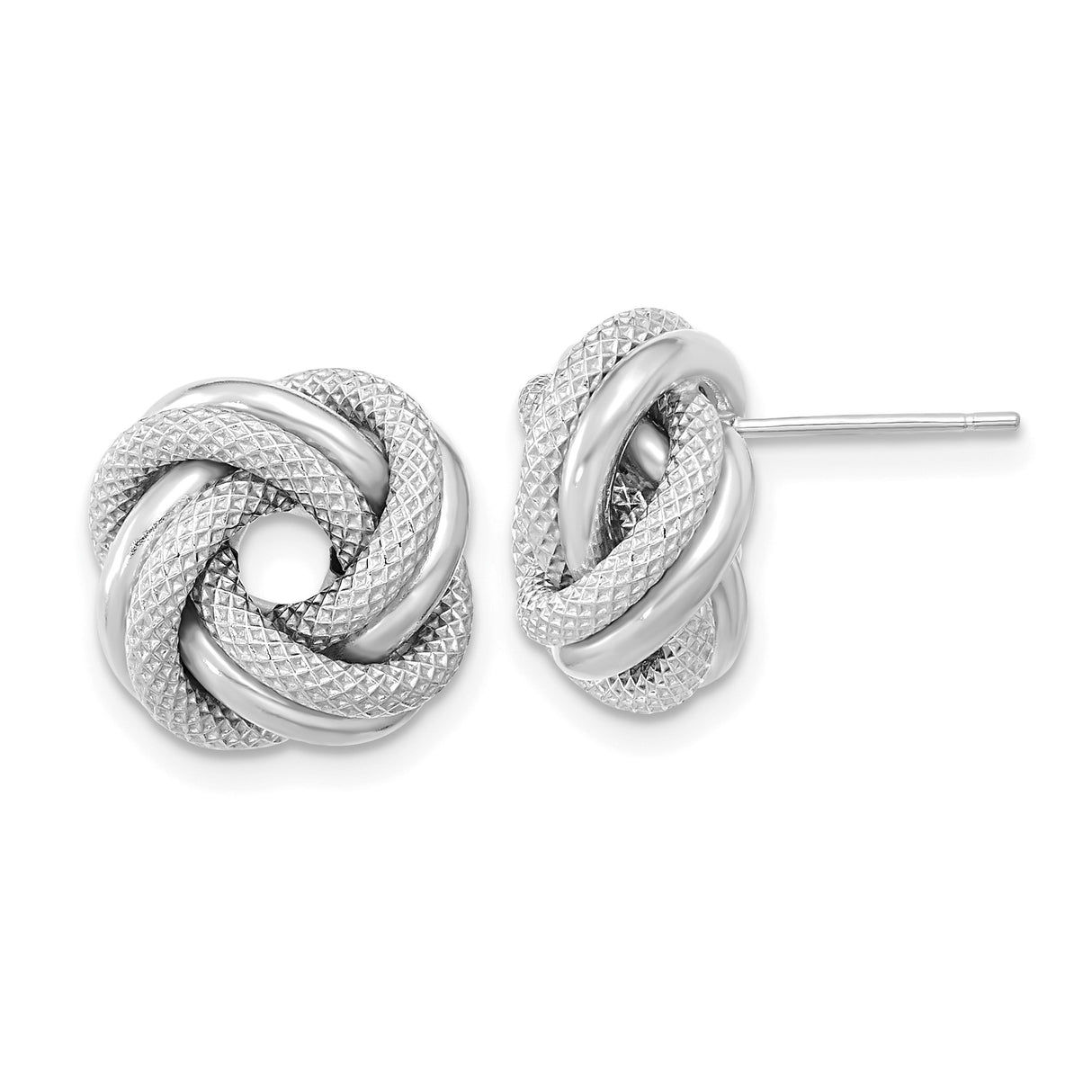 14k White Gold Love Knot Stud Earrings with Intertwined Polished and Textured Design