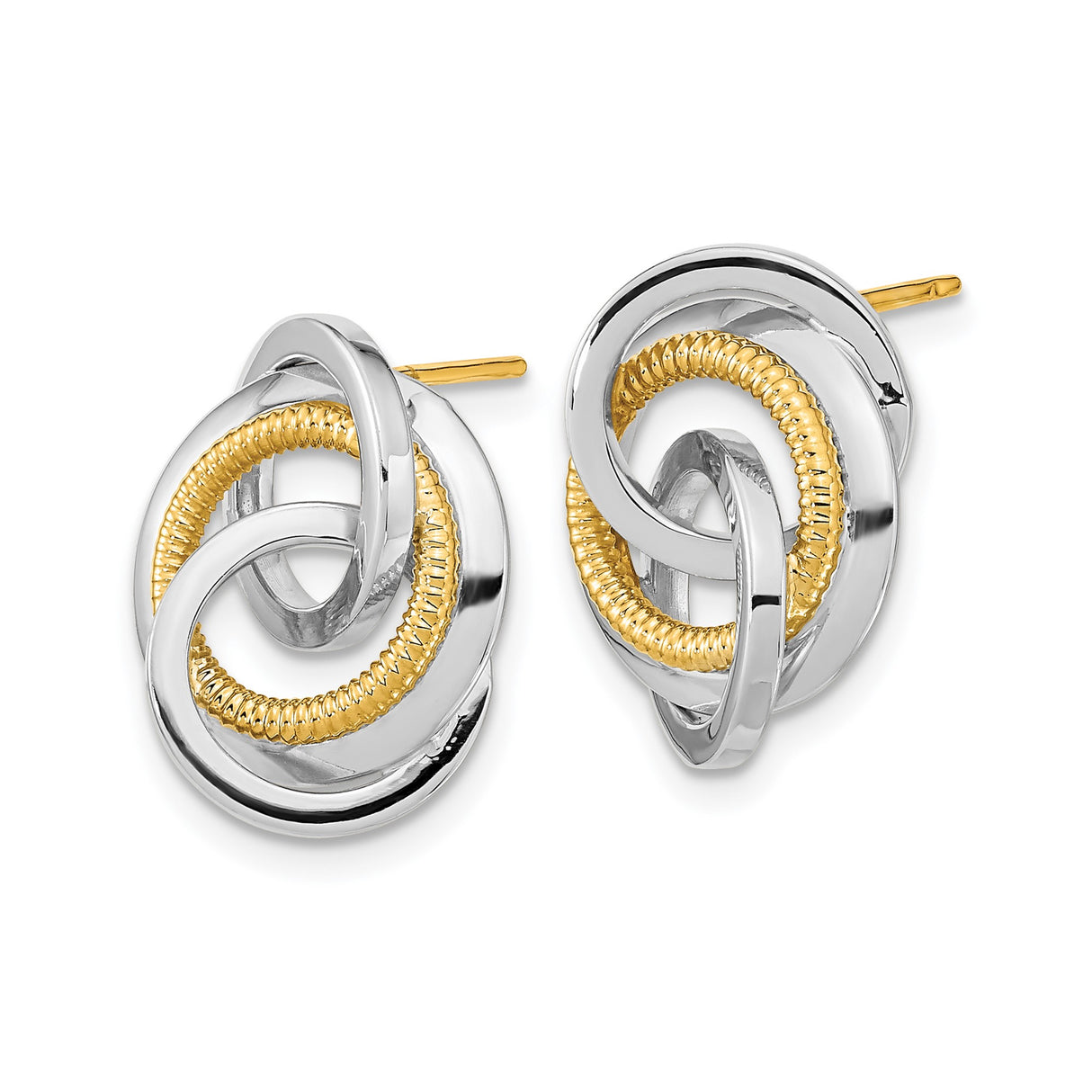 14k Yellow and White Gold Love Knot Stud Earrings, Intertwined Loops Symbolizing Unity