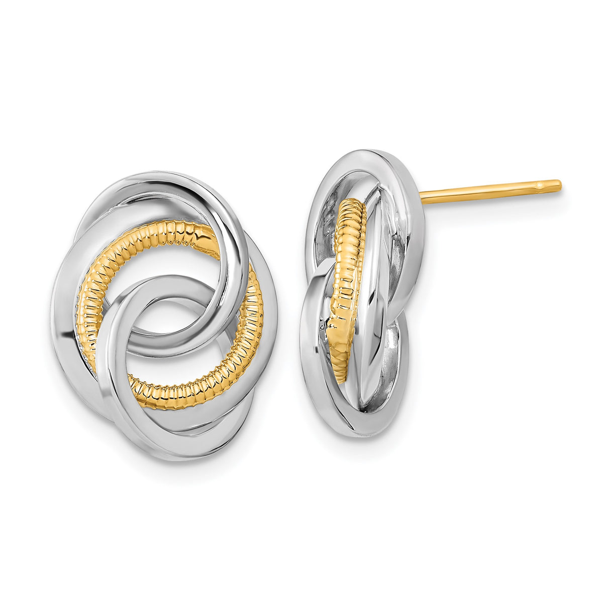 14k Yellow and White Gold Love Knot Stud Earrings, Intertwined Loops Symbolizing Unity