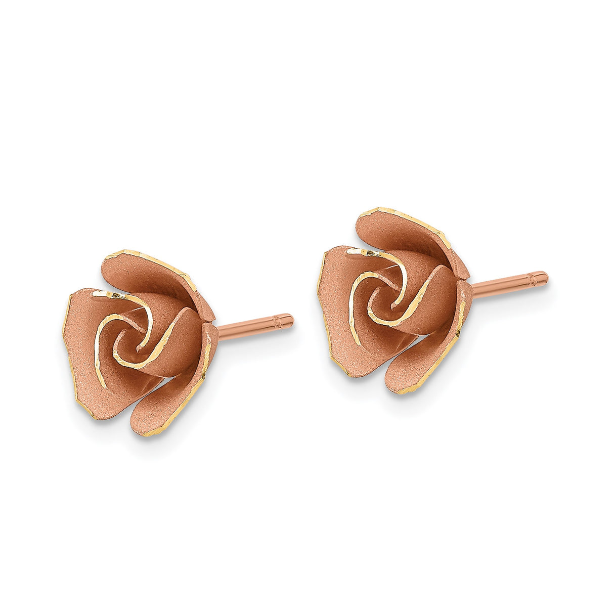 14k Yellow Gold Earrings, Rose Studs with Rhodium Detailing and Polished Petal Design for Women