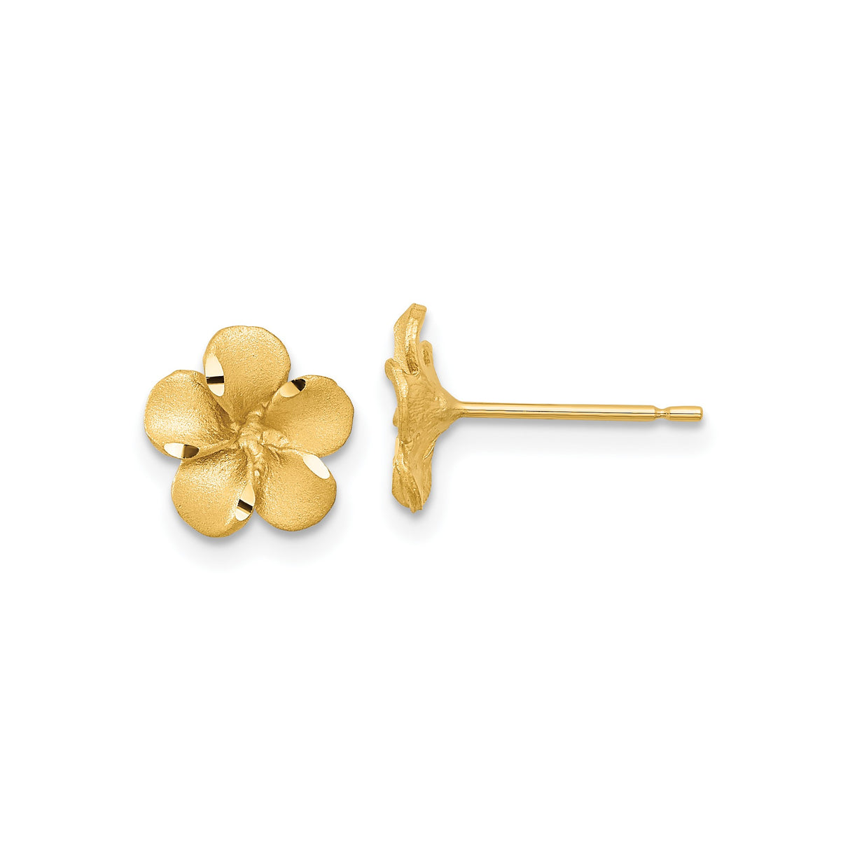 14k Yellow Gold Flower Stud Earrings with Five-Petal Floral Design and Textured Finish