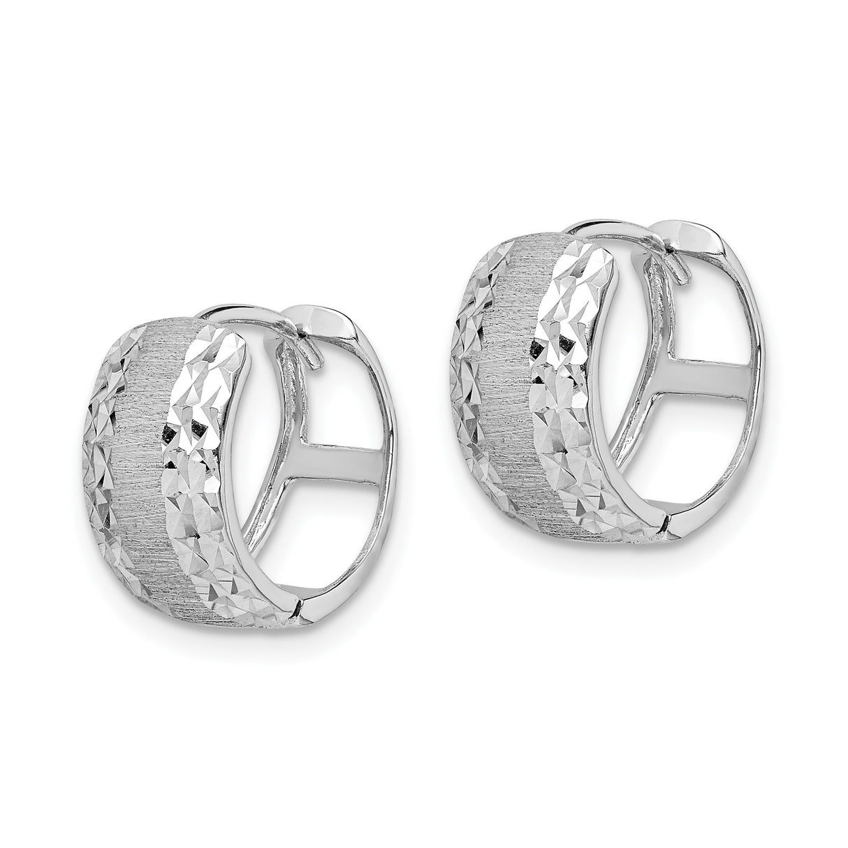 14k White Gold Hoop Earrings with Brushed Diamond Cut Design and Polished Finish