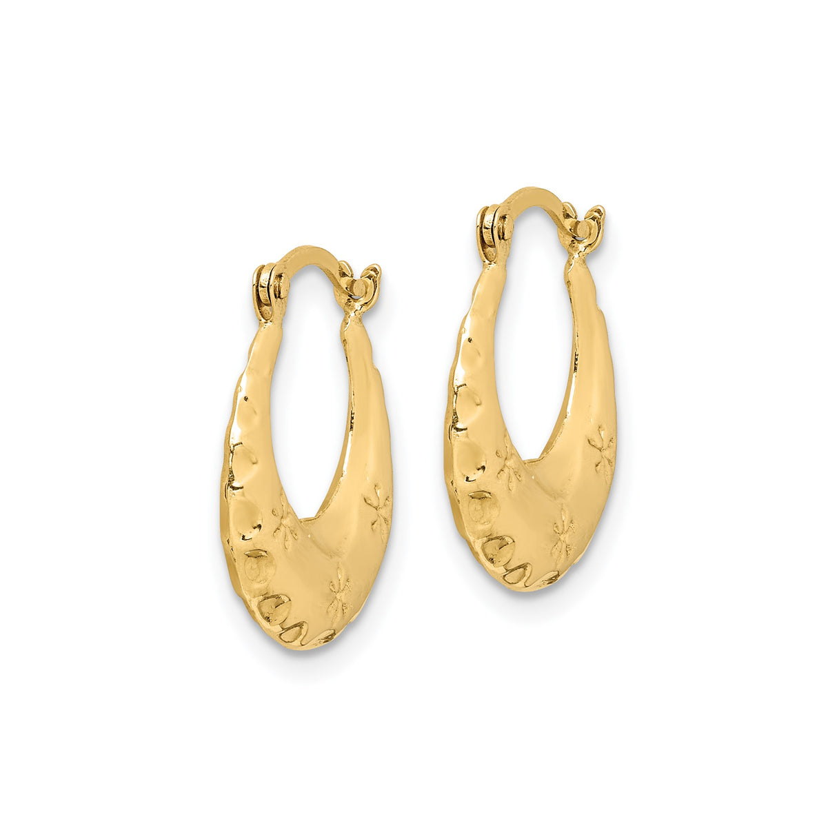 14k Yellow Gold Hoop Earrings with Embossed Flower Swirl Design, Polished Vintage Style