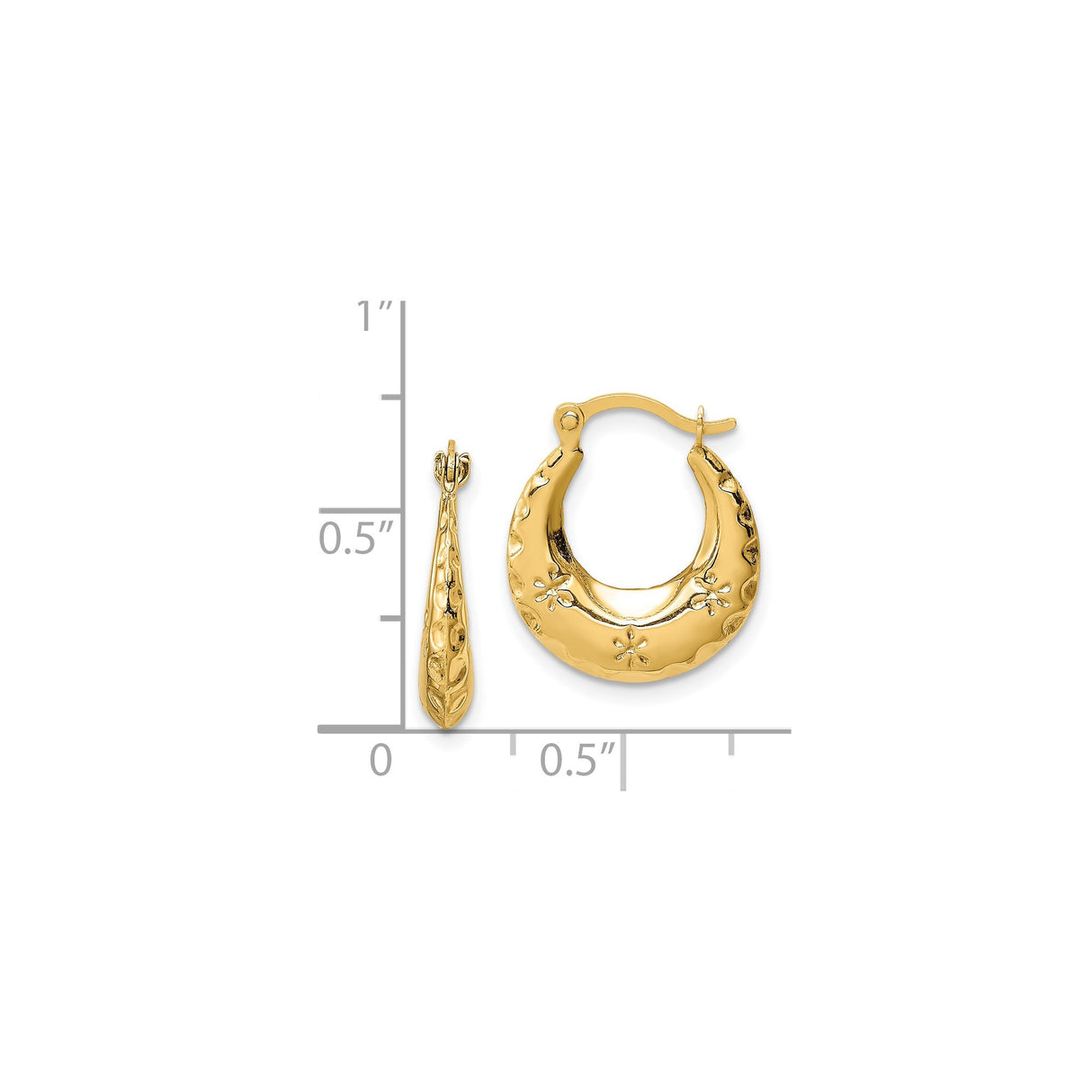 14k Yellow Gold Hoop Earrings with Embossed Flower Swirl Design, Polished Vintage Style
