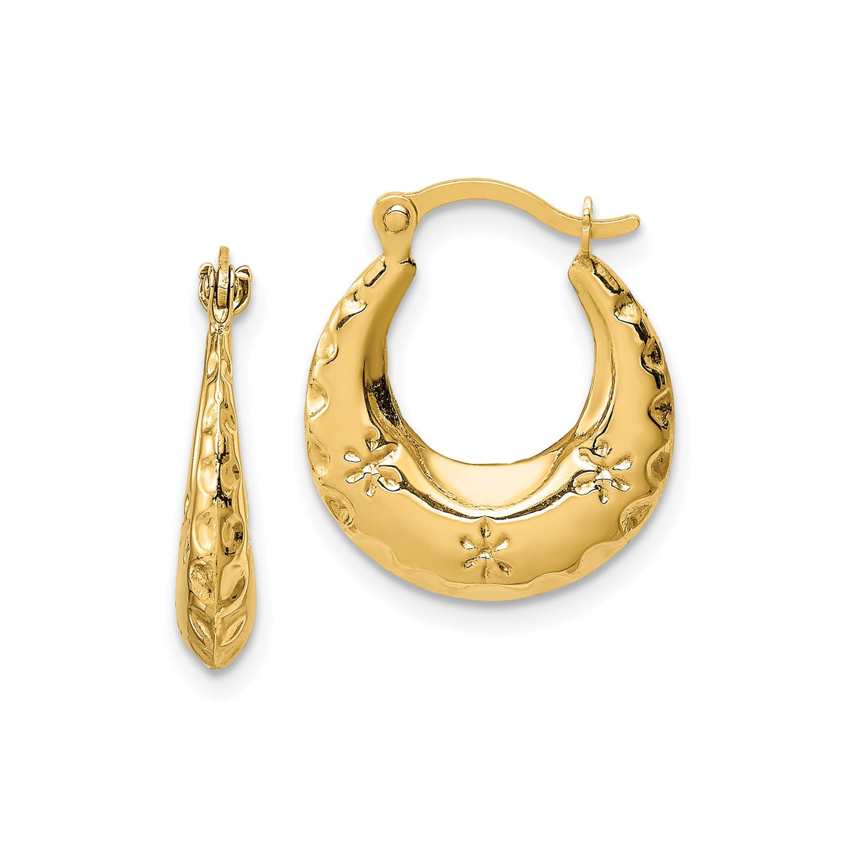 14k Yellow Gold Hoop Earrings with Embossed Flower Swirl Design, Polished Vintage Style
