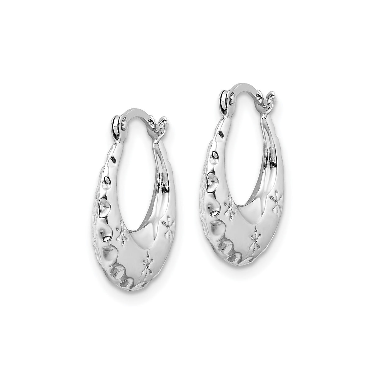 14k White Gold Hoop Earrings with Embossed Floral Pattern and Polished Finish