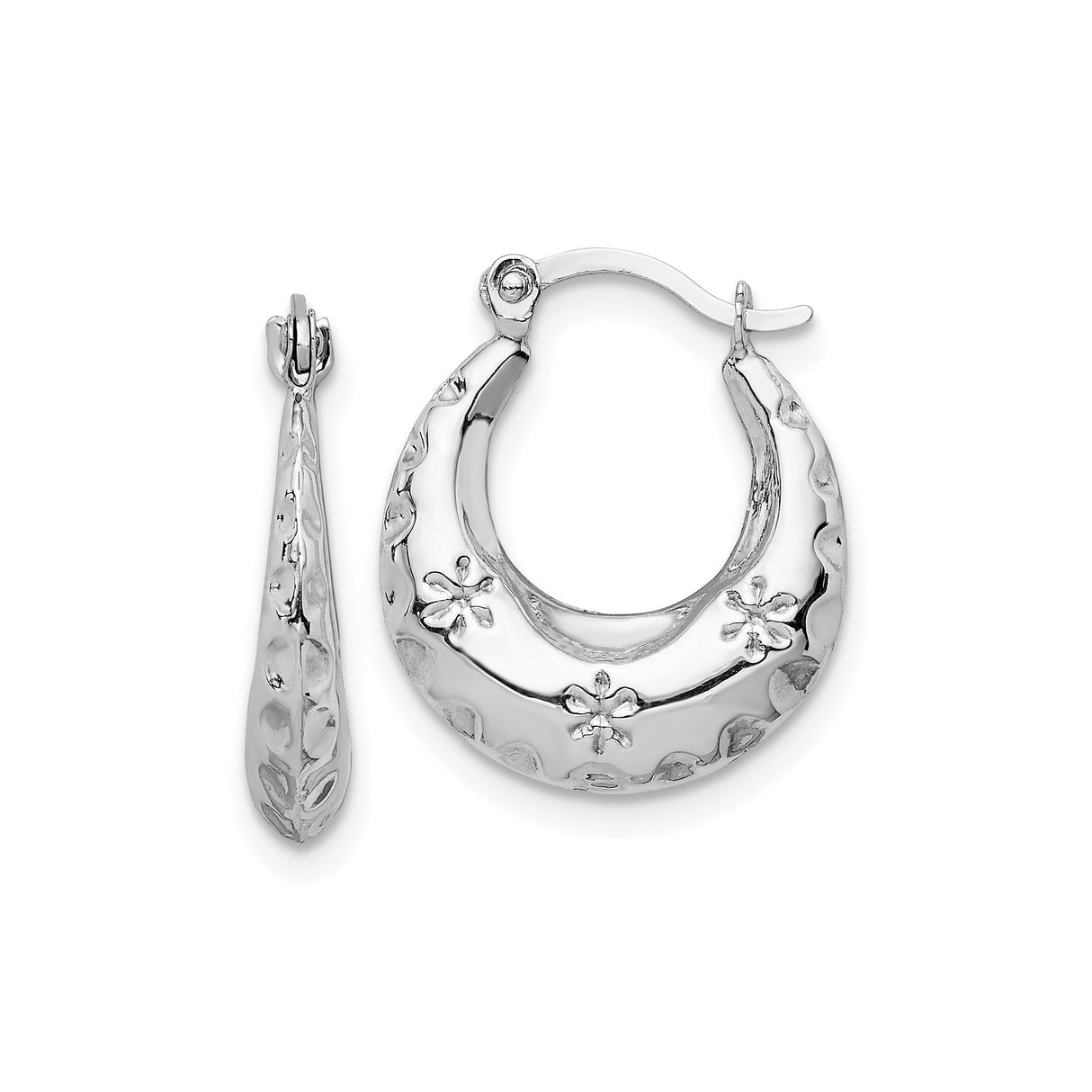 14k White Gold Hoop Earrings with Embossed Floral Pattern and Polished Finish