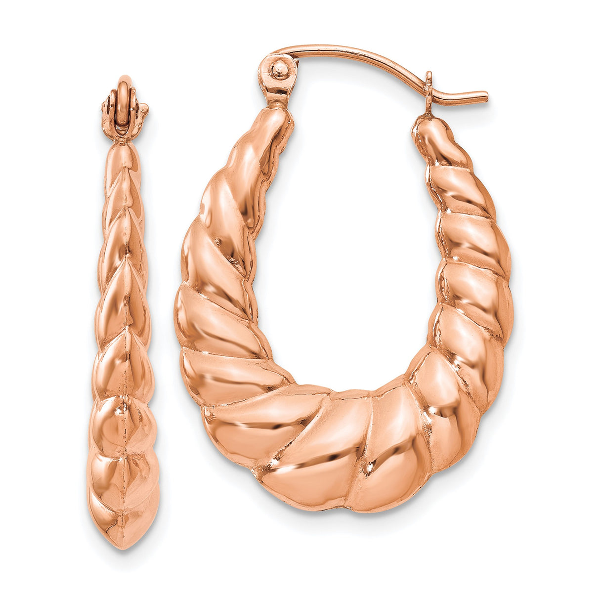 14k Rose Gold Twisted Hoop Earrings with Braided Design, High-Polish Finish, Lightweight Style